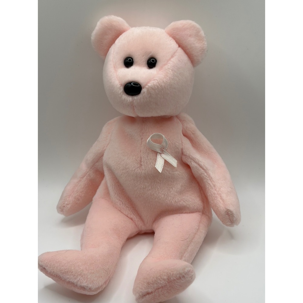 Ty Beanie Baby Cure Pink Breast Cancer Awareness Bear White Ribbon Plush Toy